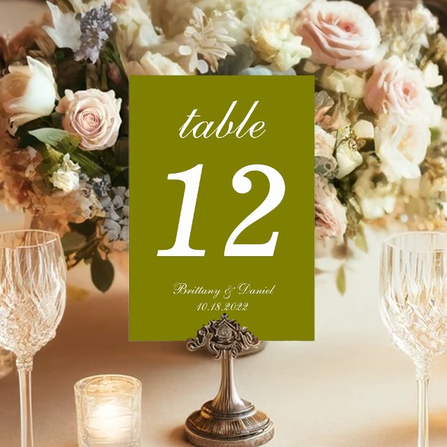Olive Green Simple Calligraphy Wedding Table Number (Creator Uploaded)