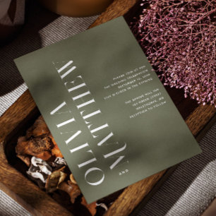 Olive green simple minimalist wedding + QR details Invitation