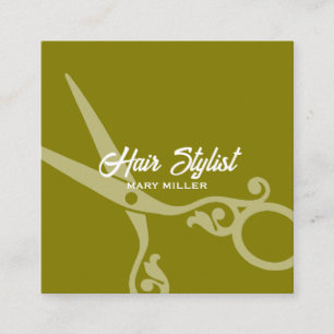 Olive Green Square Hair Stylist Scissors QR Code Business Card