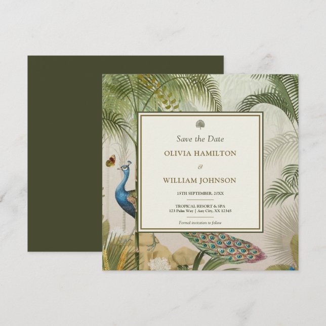 Olive Green Square Tropical Peacock Palm Save The Date (Front/Back)