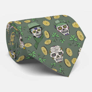 Olive Green St Patrick's Day Irish Sugar Skull Tie