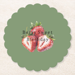Olive Green Strawberries Berry Sweet Birthday Paper Coaster