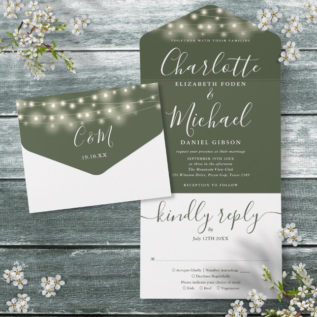 Olive Green String Lights Elegant Script Wedding All In One Invitation (Olive Green String Lights Elegant Script Wedding All In One Invitation)