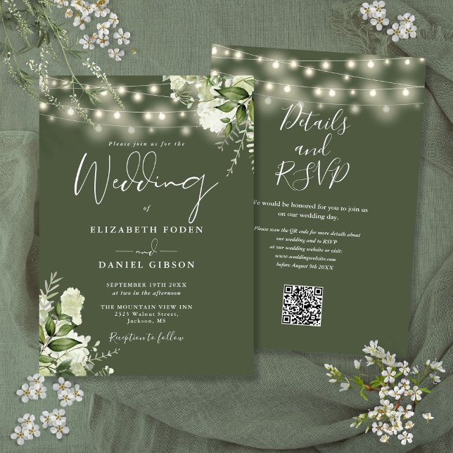 Olive Green String Lights Floral QR Code Wedding Invitation (Olive Green String Lights Floral QR Code Wedding Invitation)