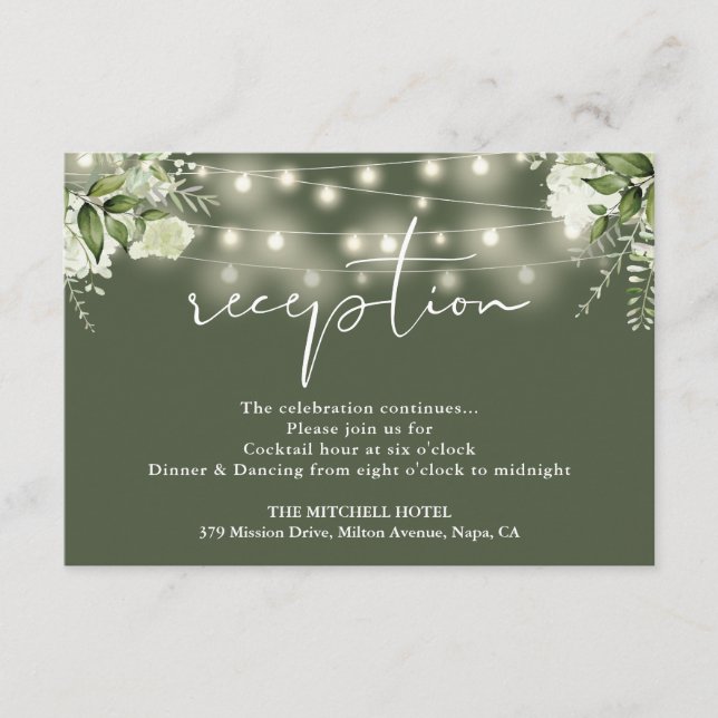 Olive Green String Lights Floral Wedding Reception Enclosure Card (Front)