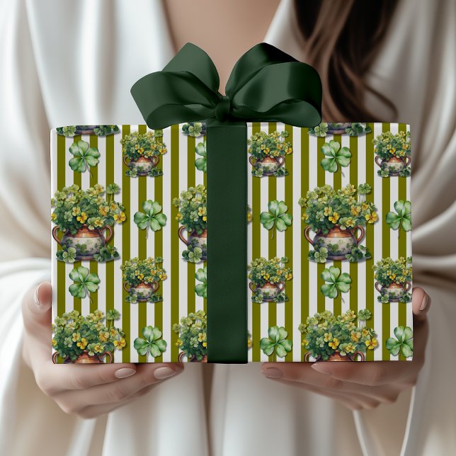 Olive Green Striped Clover Pot St. Patrick Day Wrapping Paper (Creator Uploaded)