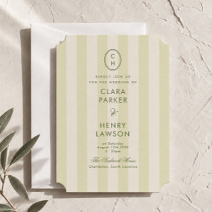 Olive Green Striped Monogram Wedding Invitation