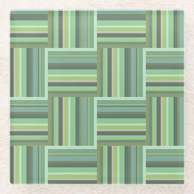 Olive green stripes weave pattern glass coaster (Front)