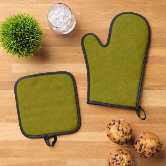 Olive green surface with subtle swirling pattern oven mitt & pot holder set (Top Down)