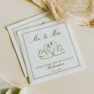 Olive Green Swans Old Money Personalised Wedding Napkin