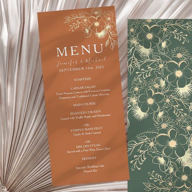 Olive Green Terracotta and Gold Floral Wedding Menu (Creator Uploaded)