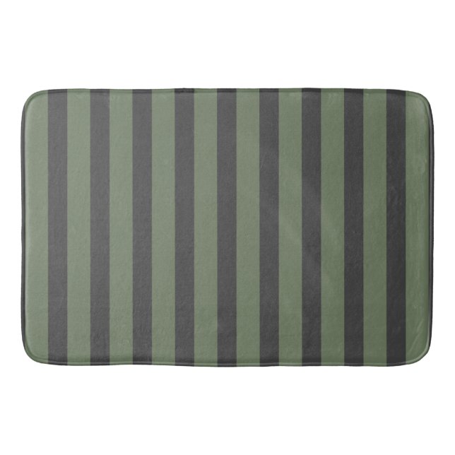 Olive Green Tick Striped Modern Bath Mat (Front)