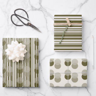 Olive Green Tinsel, Stripes and Confetti Patterns Wrapping Paper Sheet