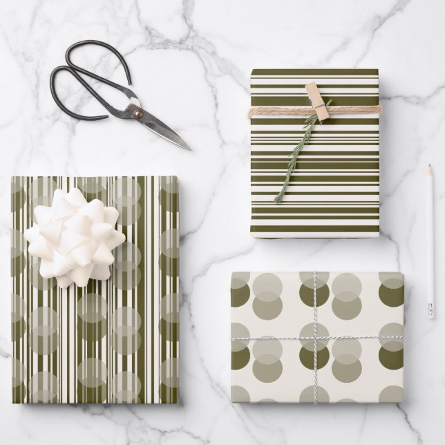 Olive Green Tinsel, Stripes and Confetti Patterns Wrapping Paper Sheet (Front)