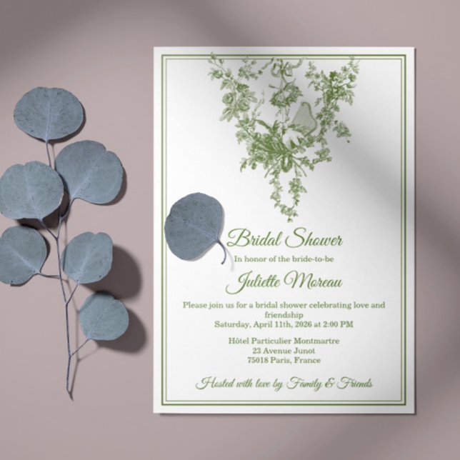 Olive Green Toile de Jouy Bridal Shower Invitation (Creator Uploaded)