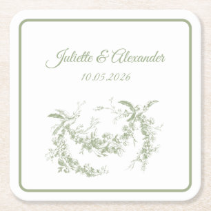Olive Green Toile de Jouy Wedding Paper Coasters