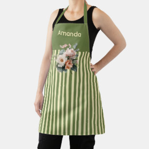 Olive Green Top with Beige Stripes Floral Apron