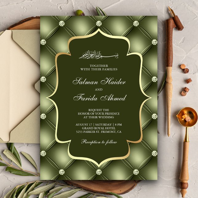 Olive Green Tufted Diamonds Pattern Muslim Wedding Invitation (Creator Uploaded)