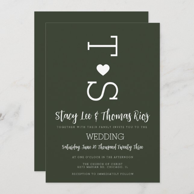 Olive Green Typography Heart Wedding  Invitation (Front/Back)