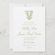 Olive Green "V" Monogram Wedding Invitation