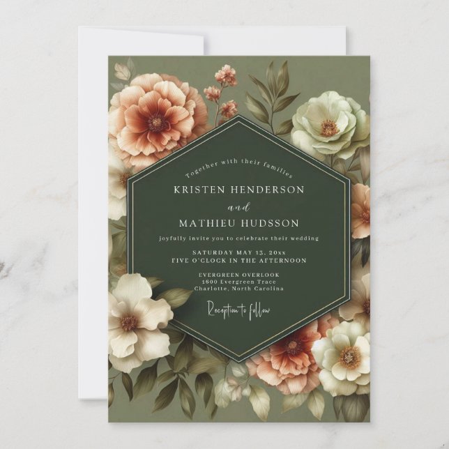 Olive Green Vintage Bloom Wedding Invitation (Front)