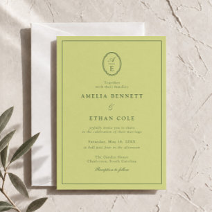 Olive Green Vintage Monogram Wedding Invitation