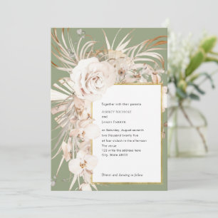 Olive green watercolor botanic floral wedding invitation