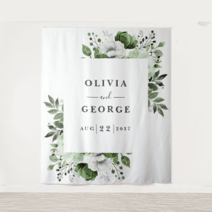 Olive Green Watercolor Floral Photo Booth Backdrop Tapestry