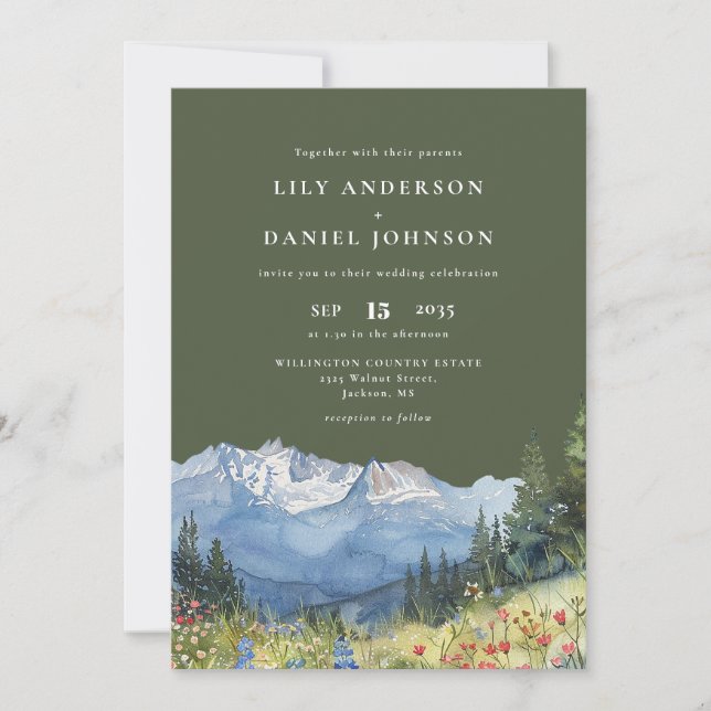 Olive Green Watercolor Mountain Wildflower Wedding Invitation (Front)