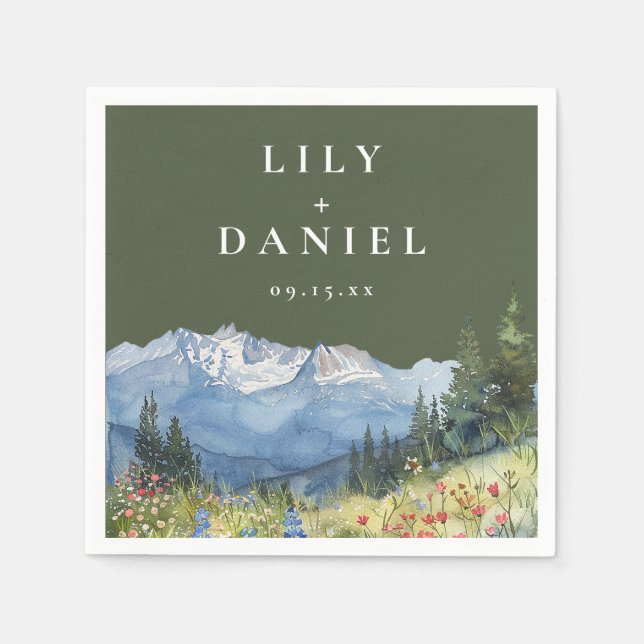 Olive Green Watercolor Mountain Wildflower Wedding Napkin (Front)