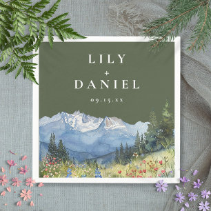 Olive Green Watercolor Mountain Wildflower Wedding Napkin