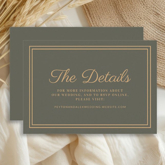Olive Green Wedding Details Enclosure Card (Dark olive/sage green and gold wedding details card )