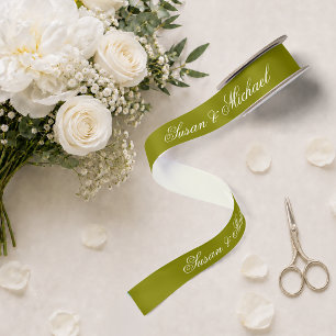 Olive Green Wedding Elegant Script Calligraphy  Satin Ribbon