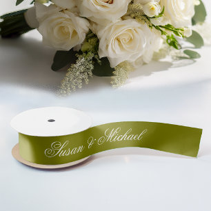 Olive Green Wedding Elegant Script Calligraphy Satin Ribbon