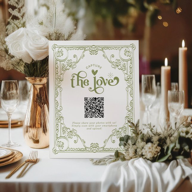 Olive Green Wedding the Love Photo Share QR Code Pedestal Sign (Creator Uploaded)
