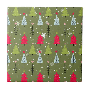 Olive Green Whimsical Christmas Tree Pattern Ceramic Tile