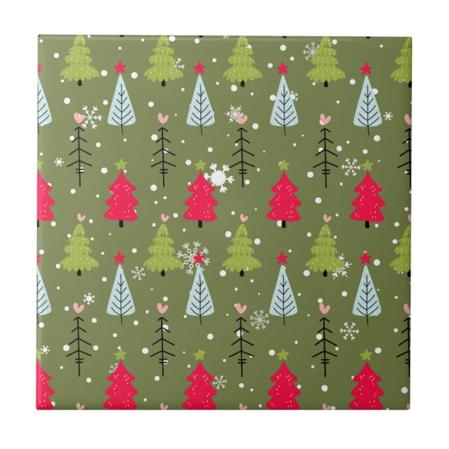 Olive Green Whimsical Christmas Tree Pattern Ceramic Tile (Front)