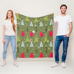 Olive Green Whimsical Christmas Tree Pattern Fleece Blanket