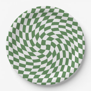 Olive Green & White Checks Checkered Pattern Paper Plate