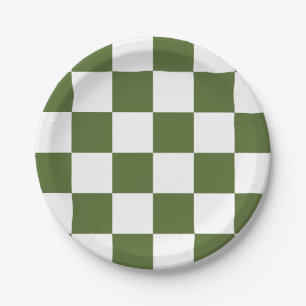 Olive Green/White Chequered Paper Plate