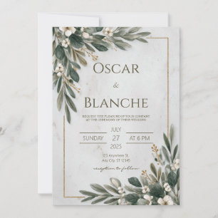Olive Green & White Floral Minimalist Wedding Invitation