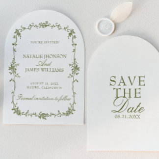 Olive Green White Floral Old Money Arched Wedding Save The Date