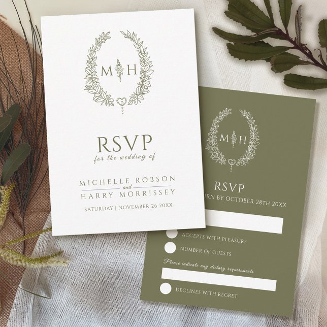 Olive green white hand drawn leaf monogram wedding RSVP card (Creator Uploaded)