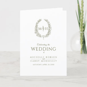 Olive green white oval leaf monogram art wedding program
