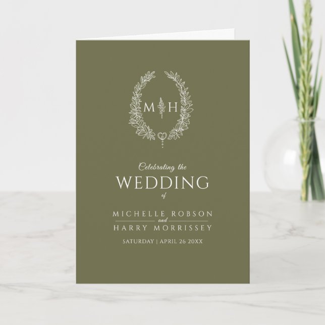 Olive green white oval leaf monogram art wedding program (Front)