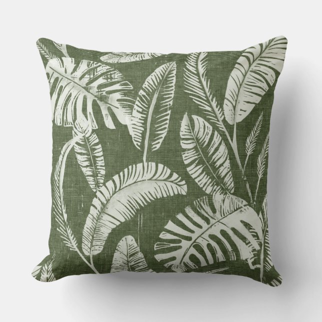 Olive Green White Palm Leaves Throw Pillow (Front)