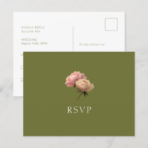 Olive Green & White Rose Wedding RSVP Postcard