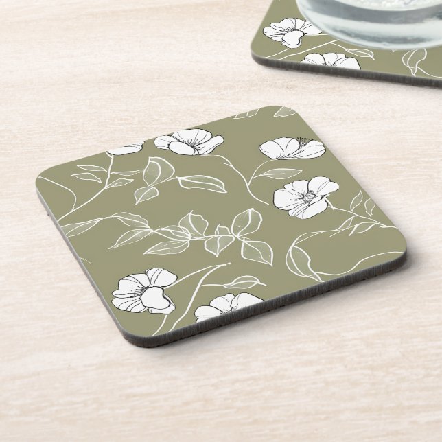 Olive green white simple line art  coaster (Left Side)