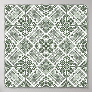 Olive Green & White Tatreez Henna Thobe Pattern Poster