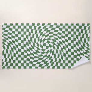 Olive Green & White Warped Chequered Pattern    Beach Towel